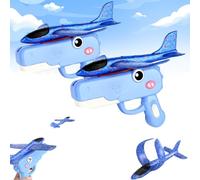 Dinosaur Foam Glider Airplane Launcher Toy,8" Mechanical Catapult Gun Aircraft, Crash-Resistant EPP Plane with 33-59ft Long Flight Distance & Dual Mode, Outdoor Active Play Birthday Gift (Blue-2PCS)