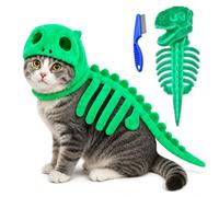 Dinosaur Skeleton Glow in Dark Cat Costume, Cat Pet Dinosaur Skeleton Costume, 3D Plush Halloween Cats Hood Outfit (Green,M)