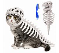 Dinosaur Skeleton Glow in Dark Cat Costume, Cat Pet Dinosaur Skeleton Costume, 3D Plush Halloween Cats Hood Outfit (Gray,M)