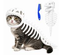 Dinosaur Skeleton Glow in Dark Cat Costume, Cat Pet Dinosaur Skeleton Costume, 3D Plush Halloween Cats Hood Outfit (White,S)
