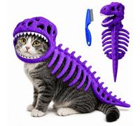 Dinosaur Skeleton Glow in Dark Cat Costume, Cat Pet Dinosaur Skeleton Costume, 3D Plush Halloween Cats Hood Outfit (Purple,L)
