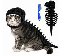 Dinosaur Skeleton Glow in Dark Cat Costume, Cat Pet Dinosaur Skeleton Costume, 3D Plush Halloween Cats Hood Outfit (Black,L)