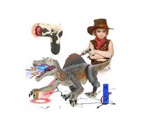 Dinosaurio de juguete con control remoto, luces LED, rociador de agua, camina y ruge, color gris, juguete realista para niños.