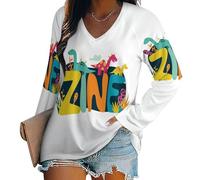 Dinosaurio del Alfabeto Camiseta Mujer Manga Larga, Corte Holgado con V Escote Caricatura Abstracta, Camiseta Básica Manga Larga Blanco Suave Y Cómoda Día A Día L