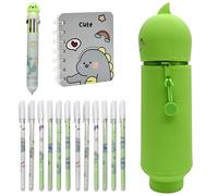 Dinosaurio Estuche Escolar, Kawaii 2 en 1 de Silicona Blanda 12 Bolígrafos de Gel Borrables 10 en 1 Bolígrafos Cuaderno Bolsa de Lápices Retráctil Portalápices para Suministros Escolares