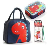Dinosaurio Fiambrera Bento,600ml Bento Lunch Box con Compartimentos,Bolsa Térmica Aislada de Aluminio y Dinosaurio Botella de Agua 500ml con Pajita,Cubiertos Caja para Picnic Viajes Trabajo (rojo)