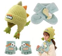 Dinosaurio Gorro Bufanda y Guantes Niño, 3PCS Conjunto de Invierno con Sombrero de Punto Cálido Térmicos Guantes y Bufanda Accesorios de Invierno Regalo para Niños Niñas Verde