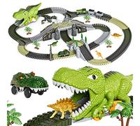 Dinosaurio Juguetes Pista de Carreras,281 Piezas Tren de Dinosaurios Juguetes para Niños de 3 4 5 6 años,Vías de Tren Flexibles con 4 Dinosaurios,2 Coches de Carreras Eléctricos con Luces