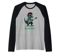 Dinosaurio Rock Star Guitarra Rock 'n Roll Música Cantante, Banda Camiseta Manga Raglan