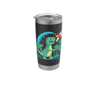 Dinosaurios de dibujos animados con un cohete fresco Vaso térmico de acero inoxidable de doble pared