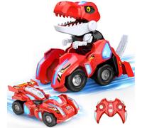 Dinosaurios Transform Coche Teledirigido, Juguetes Regalo Niños 4-12 Años | 2,4GHz Monster Truck Coches para Niños, 360°, Luz, Type-C Batería Recargable, Coche RC Robot Regalo Cumpleaños Navidad, Rojo