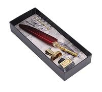 Dioche Set Calligraphy Vintage Feather Quill Pen Set - Punta de Acero Inoxidable Vintage para Escritura - Amantes de la Caligrafía - Incluye 5 Puntas y Botella de Tinta (rojo oscuro)