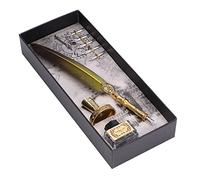 Dioche Set Calligraphy Vintage Feather Quill Pen Set - Punta de Acero Inoxidable Vintage para Escritura - Amantes de la Caligrafía - Incluye 5 Puntas y Botella de Tinta (YELLOW)