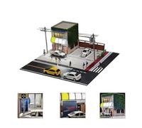 Diorama de construcción de tienda de tofu a escala 1/64, modelo de arquitectura callejera japonesa con iluminación y área de estacionamiento, compatible con pantalla de colección de mini coches, ideal