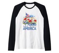 Dios Bendiga a Estados Unidos, Bonitos Campos Florales y Bandera patriótica Camiseta Manga Raglan