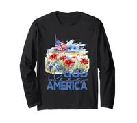 Dios Bendiga a Estados Unidos, Bonitos Campos Florales y Bandera patriótica Manga Larga