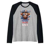 Dios Bendiga a los Estados Unidos, Graciosa Vaca y Bandera patriótica de los Highlanders Camiseta Manga Raglan