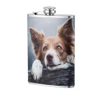 Dios Bokeh de Border Collie Marrón con Ojos Amarillos,Frasco de acero inoxidable 304 de 8 oz con funda de cuero sintético, frasco de bolsillo para licor plano para exteriores