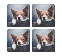 Dios Bokeh de Border Collie Marrón con Ojos Amarillos,Posavasos Cuadrados de Corcho MDF, Almohadilla para Tazas, Juego de 4 Posavasos para Bebidas