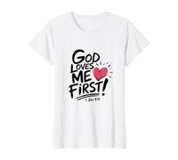 Dios me ama el Primer diseño de fe Cristiana | 1 Juan 4:19 Camiseta gráfica económica, Mujer, Blanco, XS