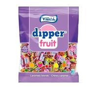 Dipper Vidal Golosinas Dipper Fruit. Caramelo blando masticable con zumo de frutas. Sabores frutales: piña, limón, naranja, fresa y cereza. Bolsa de 1kg.
