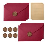 DIPZO Juego de Papel de Cartas Vintage, 10 Hojas A5, 6 Sobres y 6 Sellos de Cera, Papel Kraft para Bodas, Cumpleaños y Tarjetas de Felicitación, Rojo Oscuro