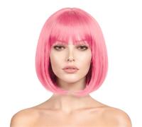 DIPZO Peluca corta estilo Bob con flequillo, peluca sintética lisa de 12 pulgadas para mujeres y niñas, peluca resistente al calor y colorida para fiesta de Navidad y cosplay (Rosa)