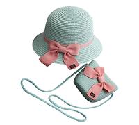 Dirfuny Sombrero de paja y bolsa para niñas, gorra de paja, sombrero de playa, sombrero de té, bolso para niñas pequeñas, color azul