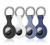 Dirrelo 4 Piezas Llavero Airtag, Silicona Airtag Funda para Llavero, Anti-Perdida Anti-Rasguños Ligero Protectora Funda con Llavero para Localizador Apple Airtags, Negro+Blanco+Azul Gris+Azul