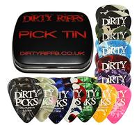 Dirty Riffs 12 púas sucias para guitarra de celuloide premium en una práctica lata - 4 de cada una de ellas finas, medianas y pesadas (24 púas de 0,71 mm)