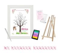 Disatrezzo - Árbol de Huellas Personalizado para Comunión Niña- Kit Completo con Marco, Tintas, Bolígrafo, Instrucciones, Caballete y Banderín Mi Primera Comunión. Libro de Firmas y Dedicatorias.
