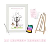Disatrezzo - Pack Árbol Huellas Comunión Niña ROSAS - Marco, Lámina Personalizada, Tintas, Bolígrafo, Instrucciones y Banderín Comunión. - Tamaños: 20cm x 30cm y 30cm x 40cm, Color: Blanco