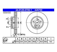Disco de freno ATE 24.0125-0700.1 delantero, ventilado , 1 Pieza