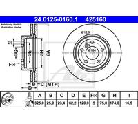 ATE Disco de freno 24.0125-0160.1 delantero ventilado altamente carbonizado 1 pieza