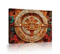 Disco de lienzo azteca con lienzo enmarcado por el sol Diseño de rostros retro vibrantes Pintura de pósteres en tonos tierra Pintura mural para el salón Dormitorio Decoración del estudio 50x60cm