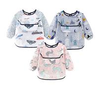 Discoball 3 baberos con mangas unisex para bebé, baberos impermeables con cierre ajustable con bolsillo grande para bebés de 6 meses a 3 años