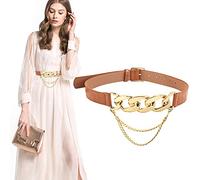 Discoball Cinturón de metal para mujer, cinturón elástico y delgado, cinturón de cintura de cadena de metal para vestido de mujer, caqui, M