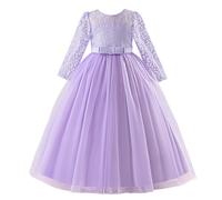 Discoball Vestido de encaje de manga 3/4 para niñas, vestido largo hasta el suelo, vestido de princesa, boda, graduación, dama de honor, fiesta, para 4-13 años (morado, 4-5 años)