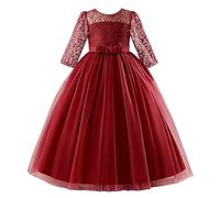 Discoball Vestido de encaje de manga 3/4 para niñas, vestido largo hasta el suelo, vestido de princesa, boda, graduación, dama de honor, fiesta, para 4-13 años (borgoña, 4-5 años)