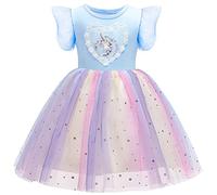Discoball Vestido de lentejuelas y tul, incluye pañuelo de tul de flores, ideal para una boda o un baile, tallas para edades entre 2 y 12 años, color azul o rosa