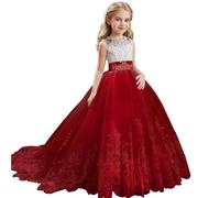 Discoball Vestido de princesa para niñas, vestido de fiesta de dama de honor con lazo de flores, para boda, graduación, dama de honor, vestido largo hasta el suelo, rosso, 10-11 años