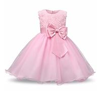 Discoball Vestido de princesa para niñas, vestido de fiesta de vacaciones, rosa 3D, lazo y lentejuelas de tul para niños, rosa, 3-4 años
