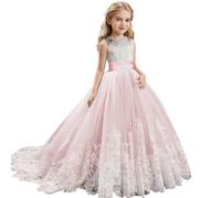 Discoball Vestido de princesa para niñas, vestido de tul bordado de cola larga, vestido de boda, graduación, dama de honor, fiesta para niñas de 6 a 15 años (rosa)