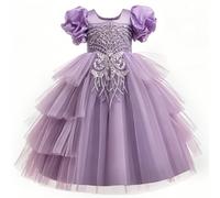 Discoball Vestido largo para niñas, vestido largo de princesa para dama de honor, sin mangas, con lazo de encaje y tul para fiestas, bodas, bautizos, cumpleaños, desfiles