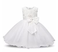 Discoball Vestido para niñas de 2 a 10 años, rosa 3D, nudo de lazo, encaje de tul de lentejuelas, vestido para cumpleaños de niños, banquetes, fiestas, vestidos formales para niñas, blanco, 9-10 Años