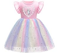 Discoball Vestidos de verano de tul arcoíris para niñas, camiseta de algodón con estampado de unicornio, vestido de princesa para cosplay, boda, fiesta de cumpleaños, Unicornio rosa., 4-6 Años