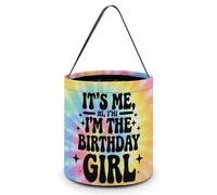 Diseño 1: Bolsa de mano con forma de cubo de dulces "Soy yo, soy la cumpleañera", multiusos, portátil, plegable y reutilizable, con asa para recuerdo de cumpleaños o fiesta navideña.