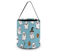 Diseño (321) Cesta de dulces reutilizable para mujer, diseño de calabaza fantasma espeluznante de dibujos animados, bolsas tipo cubo para truco o trato para decoración de fiestas.