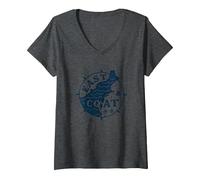 Diseño de brújula náutica de la Costa Este para Amantes de la Playa Camiseta Cuello V, Mujer, Jaspeado Oscuro, XXL