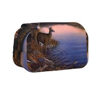 Diseño de cabaña otoñal con Lago, Pareja, Ciervos y bosques Estuche para lápices portátil con Doble Concha y Cremallera